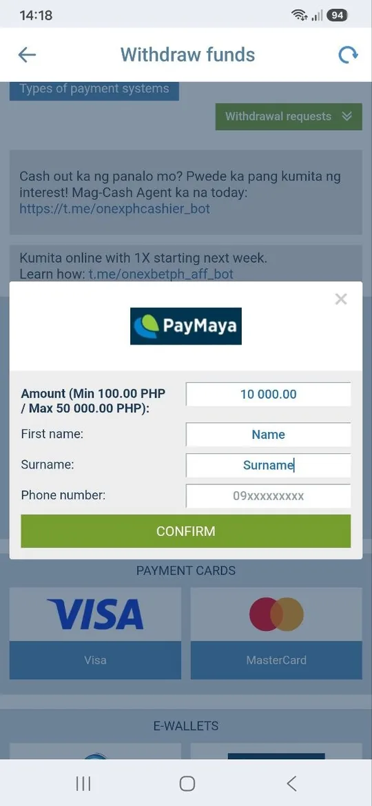 1xBet Withdraw funds screen with the PayMaya form showing amount from 100 to 50000 PHP, first name, surname and phone number fields