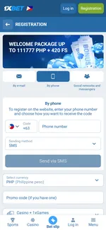 1xBet registration screen on the By phone tab with +63 country code, SMS sending method, PHP currency and promo code field