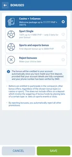 1xBet bonuses screen offering Casino plus 1xGames package up to 111777 PHP and 350 free spins, Sport Single, Sports and esports bonus, or reject bonuses
